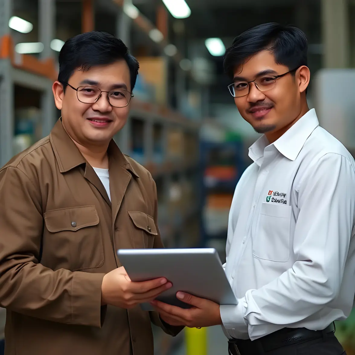 Dua karyawan sedang mengoperasikan aplikasi ERP
