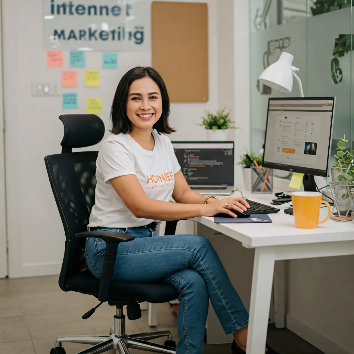 Wanita bekerja di internet marketing